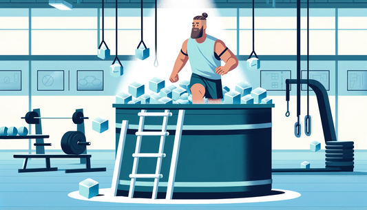 Panoramic gym scene with a man stepping into a large ice bath tub at the lower third of the image, surrounded by workout equipment, in a cool-toned minimalist setting.