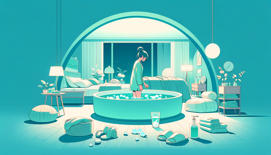 A character in pyjamas stands by a round ice bath in a bedroom glowing with turquoise and light blue hues, capturing the serene theme of nighttime relaxation.