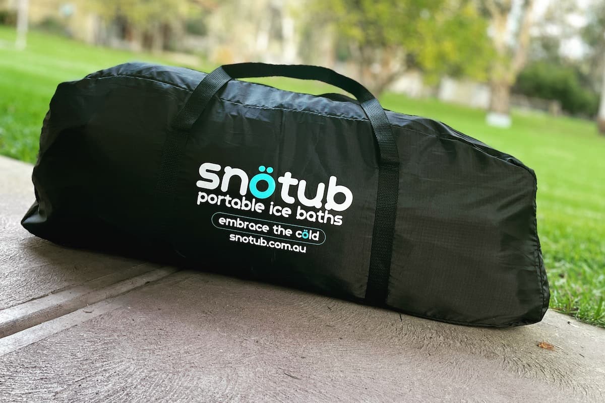 snotub ice bath tub in its carry bag